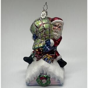Christopher Radko Christmas Ornament Santa Eave’s Dropping On Roof w/ Presents